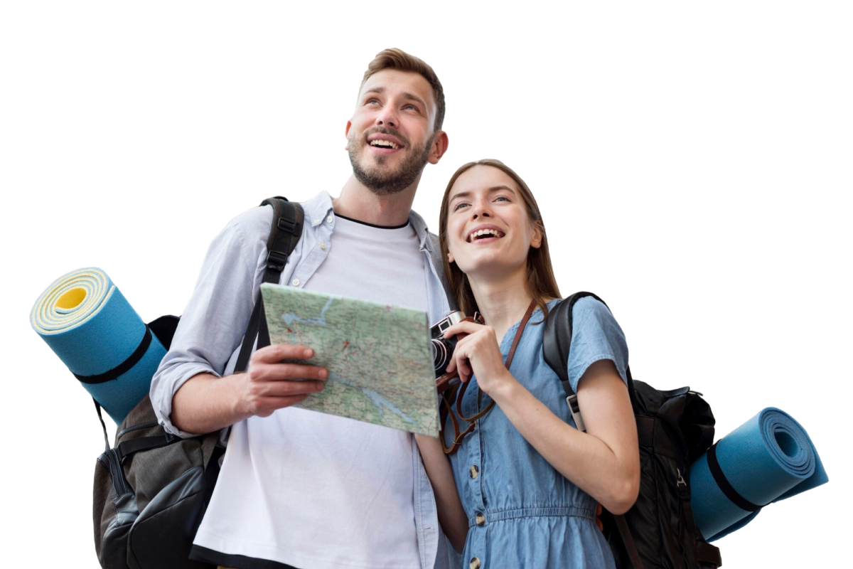 low angle smiley tourist couple with map